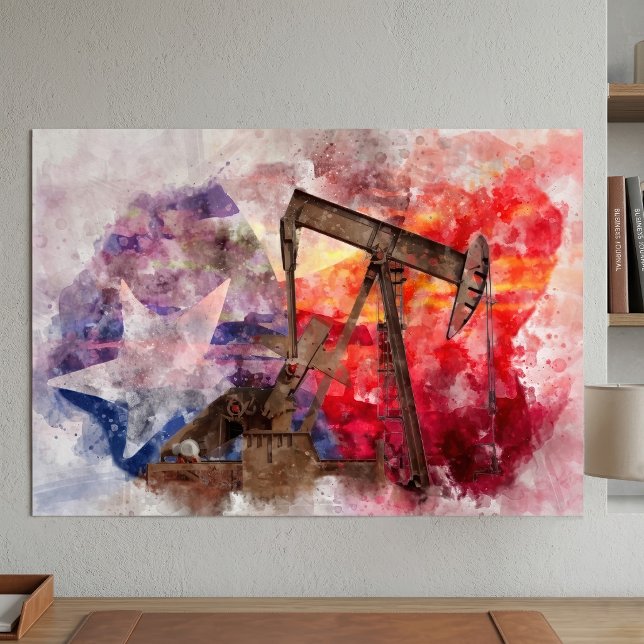 Texas Pumpjack Akvarell med Texas Flagga Konst Poster (Texas Pumpjack Watercolor with Texas Flag Art. Poster)