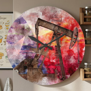 Texas Pumpjack Akvarell med Texas Flagga Konst Stor Klocka