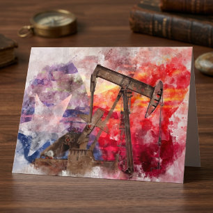 Texas Pumpjack Akvarell med Texas Flagga Konst Tack Kort