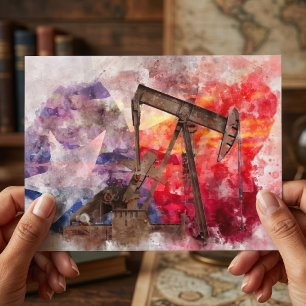 Texas Pumpjack Akvarell med Texas Flagga Konst Vykort