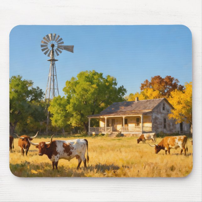 Texas Ranch House på hösten med Longhorns Musmatta (Framsidan)