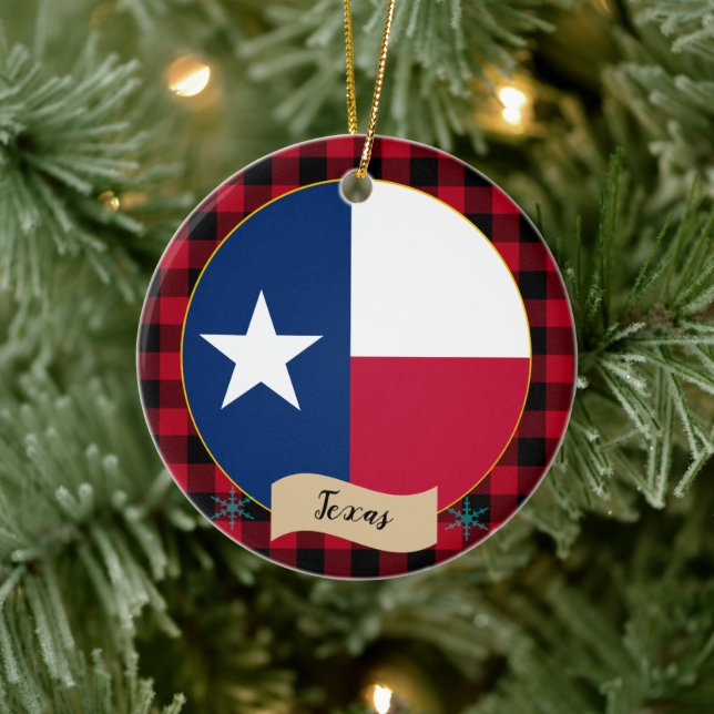 Texas, Red buffalo plaid & Texas Flagga, USA Julgransprydnad Keramik (Träd)