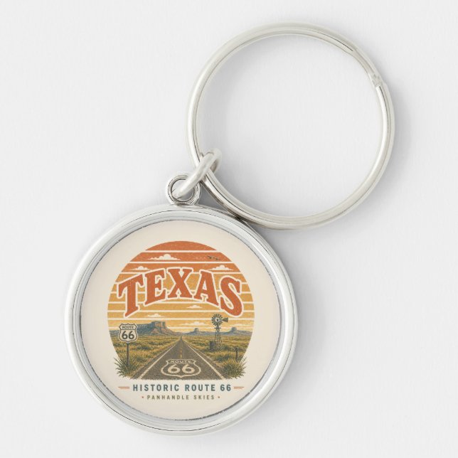 Texas Route 66 Panhandle Road Trip Minne Rund Silverfärgad Nyckelring (Framsidan)