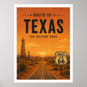Texas Route 66 Sunset Highway Vintage Konst Poster