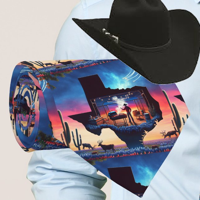 Texas Shape BBQ Pit Cowboy Hjort Sunset Slips (Beautiful Texas Scene with a cowboy cooking on the grill with a sunset background.)