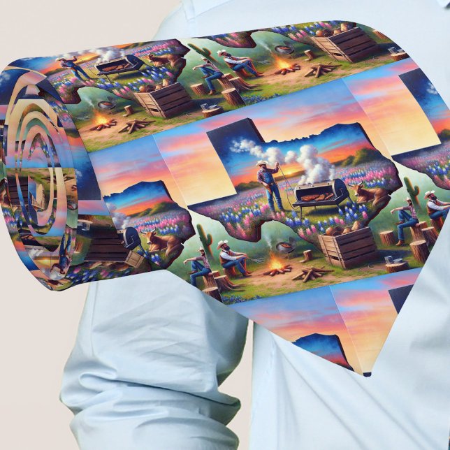 Texas Shape Cowboys BBQ Pit and Campfire Slips (Texas Necktie with Texas shape, a cowboy, BBQ pit and a sunset, There are  cowboys around campfire)