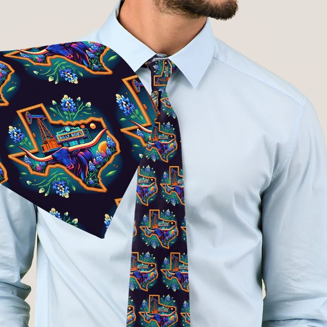 Texas Shape Longhorn Oil Pump Bluebonnet Slips (Texas Themed Necktie Colorful Longhorn Steer and Bluebonnets in the shape of Texas)