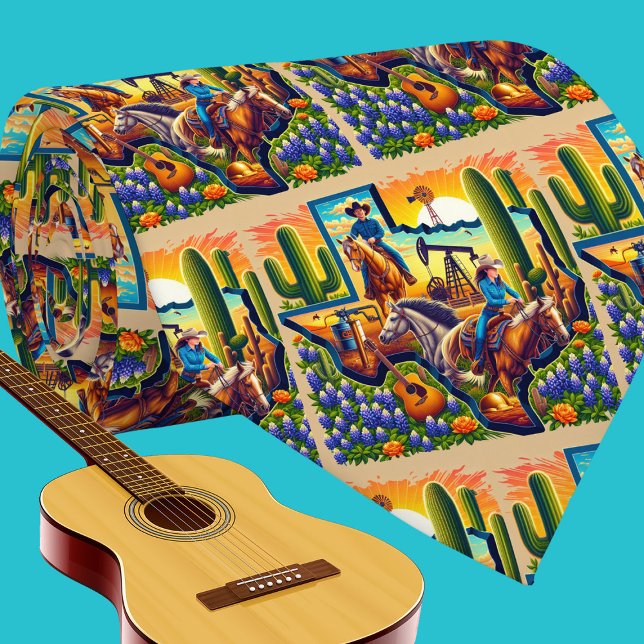 Texas Shape Oil Pump Cowboy Cowgirl Horse Guitar Slips (Texas necktie with cowboy, cowgirl, horses, oil pump, guitars and bluebonnets.)