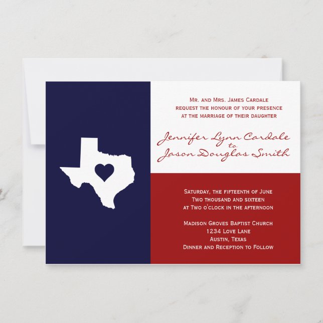Texas som gifta sig rött vitt blått inbjudningar (Framsida)