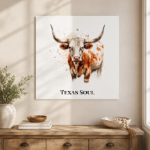 Texas Soul Longhorn Akvarell Metall Väggkonst