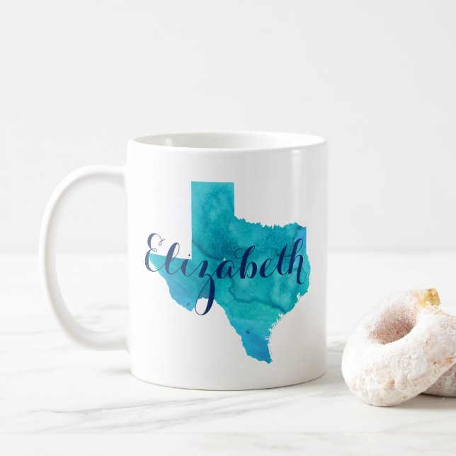 Texas State Aqua Blue Watercolor Namn Anpassningsb Kaffemugg (Med munk)