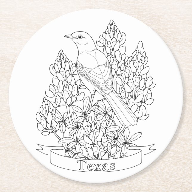 Texas State Bird & Flower Coloring Page Underlägg Papper Rund (Framsidan)