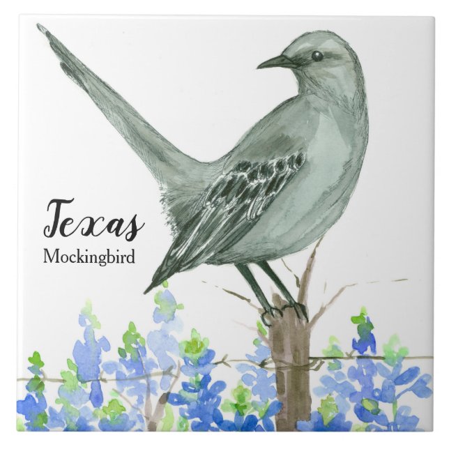 Texas State Bird Mockingbird Bluebonnet Kakelplatta (Framsidan)