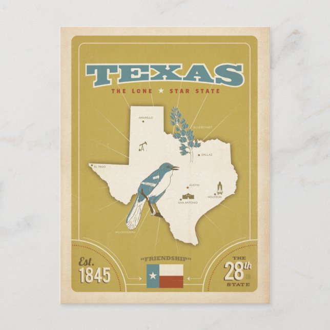 Texas State Karta | Lone Star State Vykort (Framsida)
