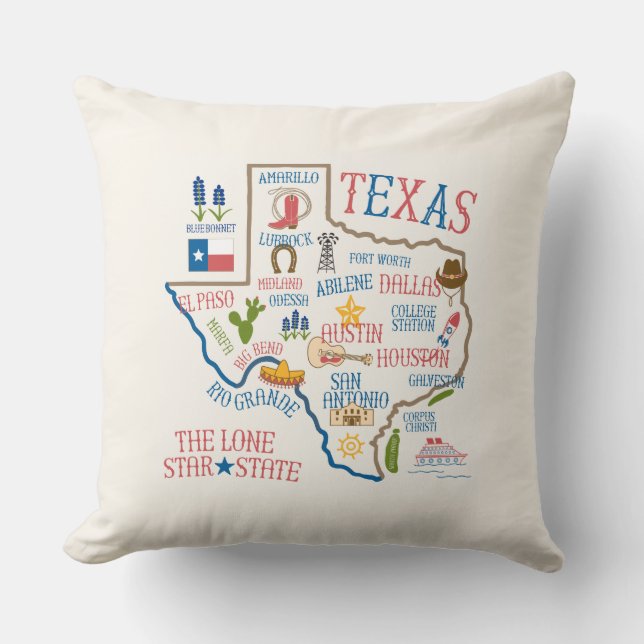 Texas State Landmarks Illustration Pillow - Cream Kudde (Framsida)