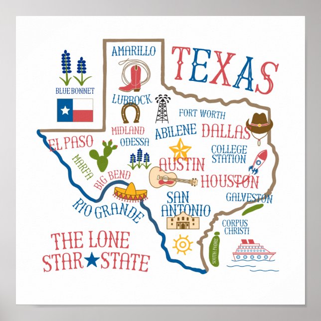 Texas State Landmarks Illustration Poster (Framsidan)