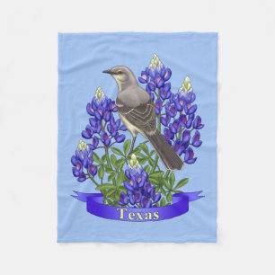 Texas State Mockingbird & Bluebonnet Flower Fleecefilt