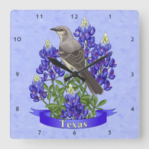Texas State Mockingbird & Bluebonnet Flower Fyrkantig Klocka