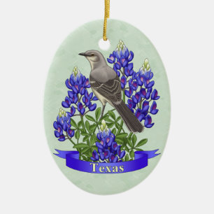 Texas State Mockingbird & Bluebonnet Flower Julgransprydnad Keramik