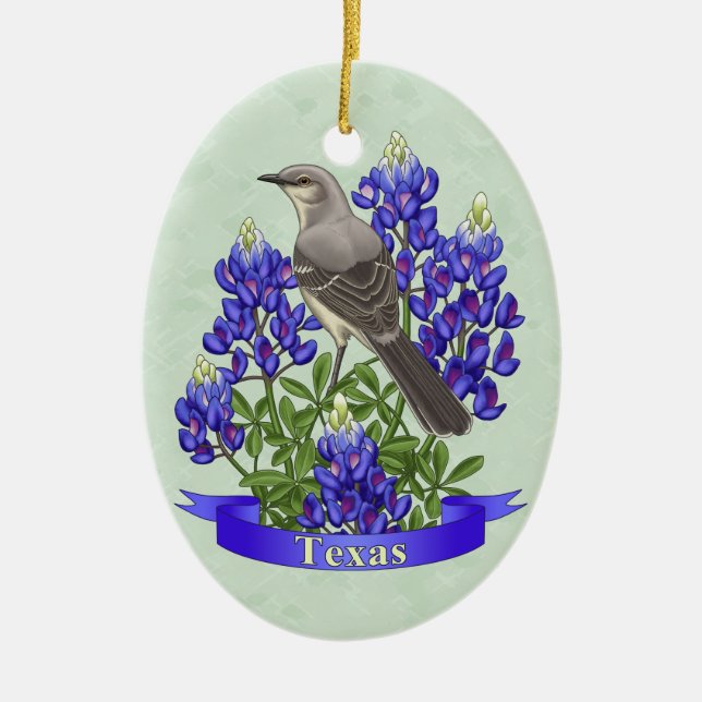 Texas State Mockingbird & Bluebonnet Flower Julgransprydnad Keramik (Framsidan)