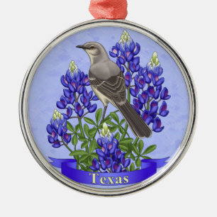 Texas State Mockingbird & Bluebonnet Flower Julgransprydnad Metall
