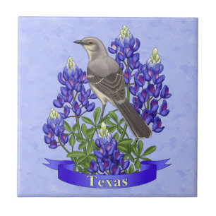 Texas State Mockingbird & Bluebonnet Flower Kakelplatta