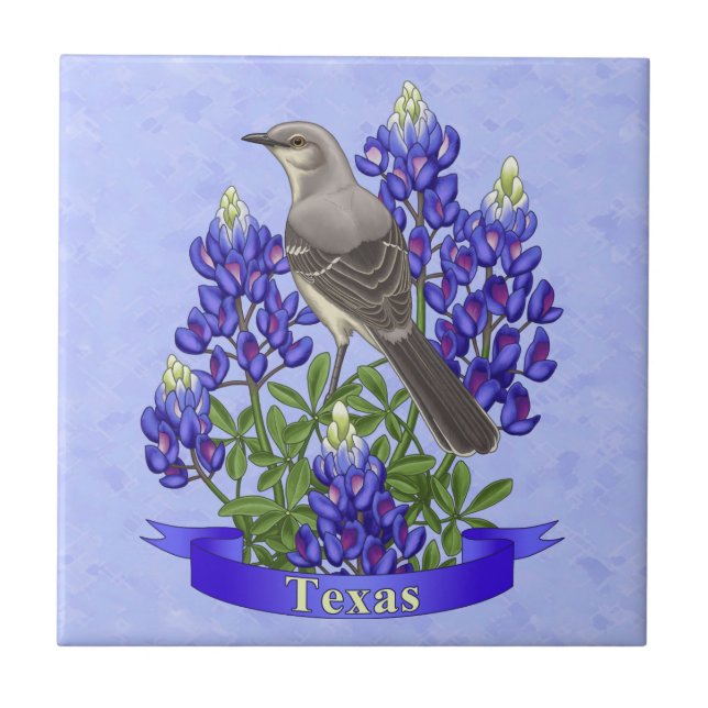 Texas State Mockingbird & Bluebonnet Flower Kakelplatta (Framsidan)