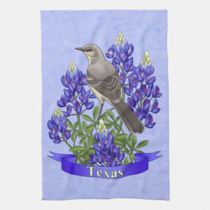 Texas State Mockingbird & Bluebonnet Flower Kökshandduk