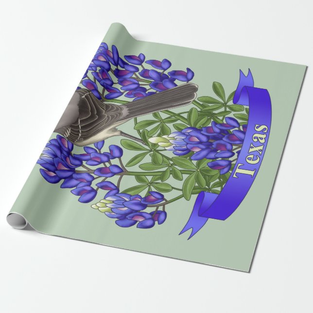 Texas State Mockingbird & Bluebonnet Flower Presentpapper (Utrullad)