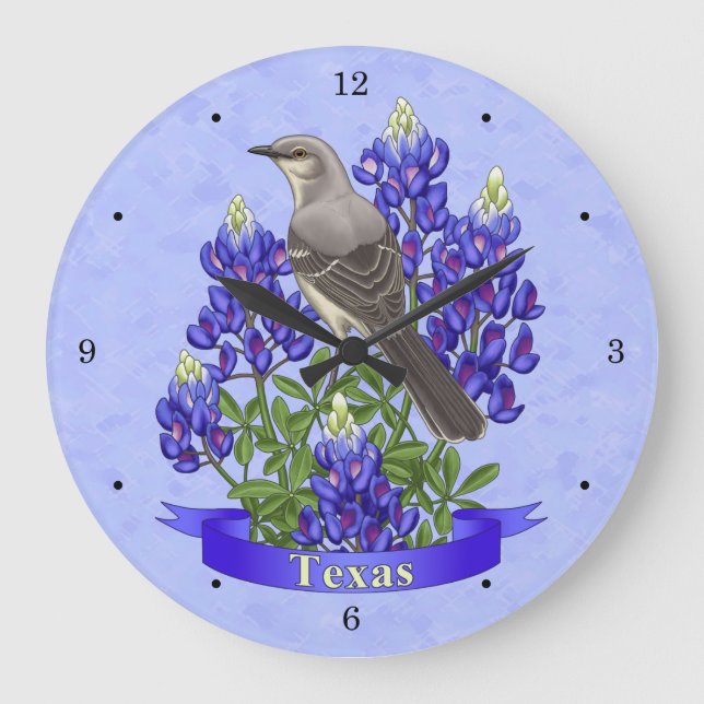 Texas State Mockingbird & Bluebonnet Flower Stor Klocka (Framsida)