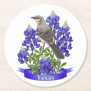 Texas State Mockingbird & Bluebonnet Flower Underlägg Papper Rund