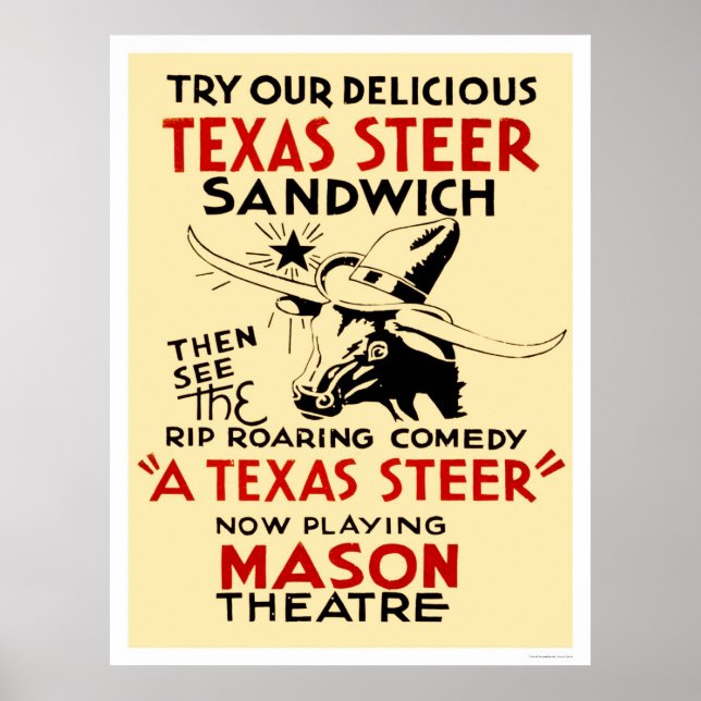 Texas Steer Sandwich 1938 WPA Poster (Framsidan)