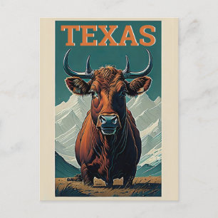 Texas Stylized Vintage Bull Retro Travel Vykort