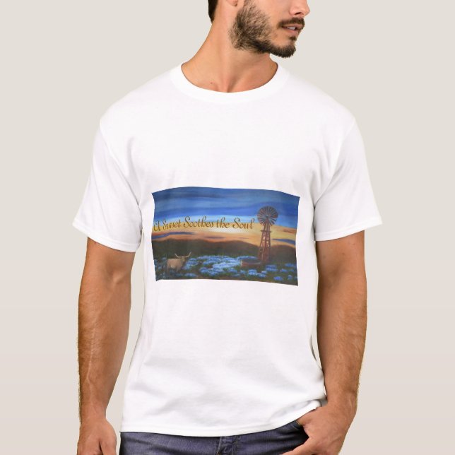 Texas sunset bluebonnets, kvarn och longhorn t shirt (Framsida)