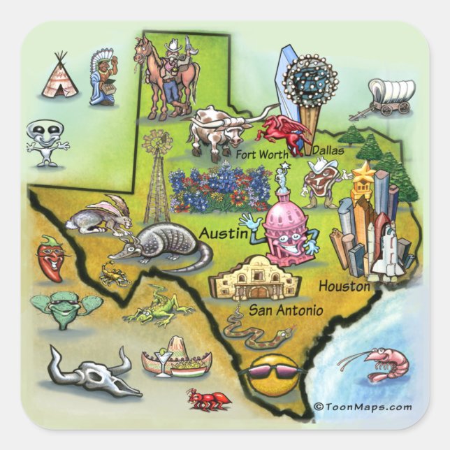 Texas Tecknad Karta Fyrkantigt Klistermärke (Framsida)