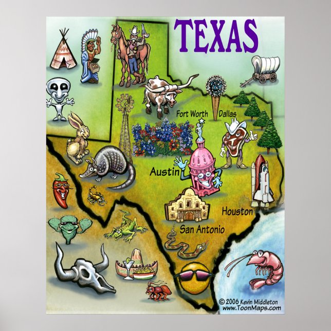 Texas Tecknad Karta Poster (Framsidan)