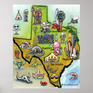 Texas Tecknad Karta Poster