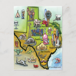 Texas Tecknad Karta Vykort