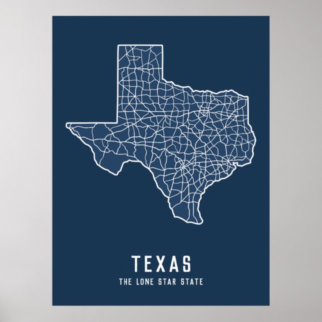 Texas US State road karta - Lone star state karta Poster (Framsidan)