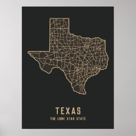 Texas US State road karta - Lone star state karta Poster