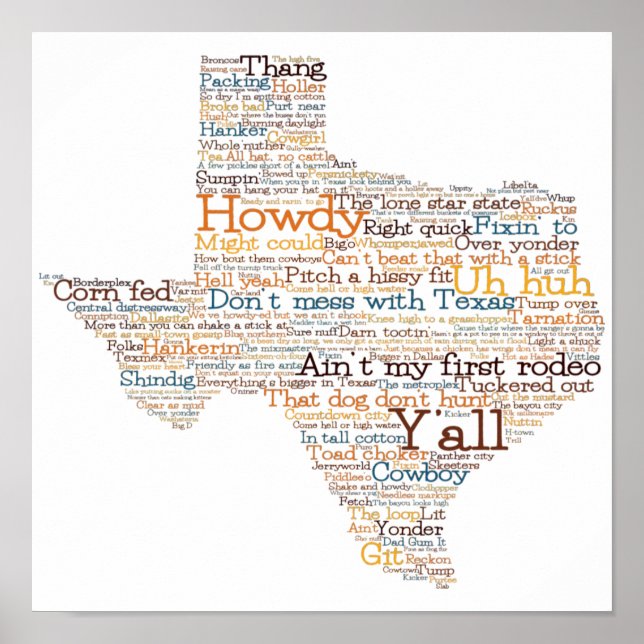 Texas USA Slang Ord Art Karta Poster (Framsidan)