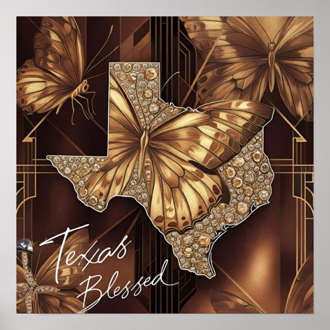 Texas välsignat: Golden Butterfly Art Deco Collage Poster (Framsidan)