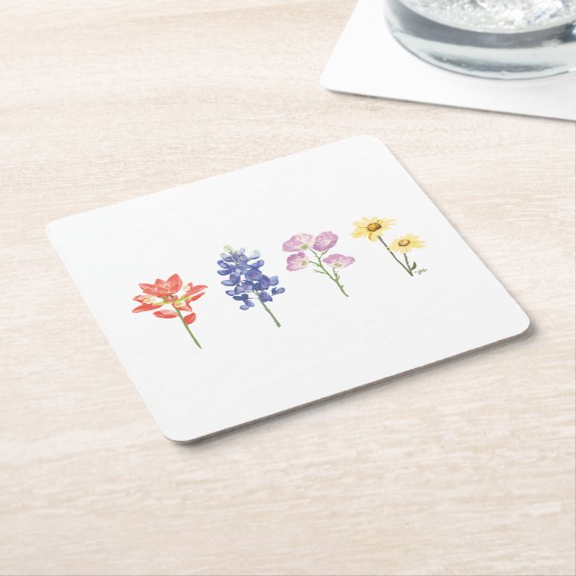Texas Vild Flowers - Indian Paintbrush, Bluebonnet Underlägg Papper Kvadrat (Vinklad)
