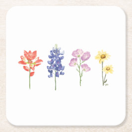 Texas Vild Flowers - Indian Paintbrush, Bluebonnet Underlägg Papper Kvadrat