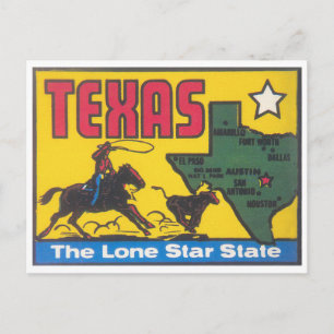 Texas vintage State Decal med cowboye Vykort