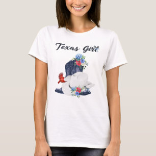Texasflicka med cowboystövlar/hatt & blommor/fågla t shirt
