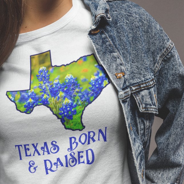 Texasfödd & Uppvuxen blåbonnens delstaten Texas T Shirt (Texas T-shirt -- Texas Born & Raised)