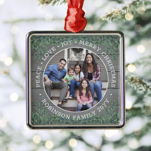 Text 1 Photo Peace Kärlek Joy Rustic Faux Wood Julgransprydnad Metall