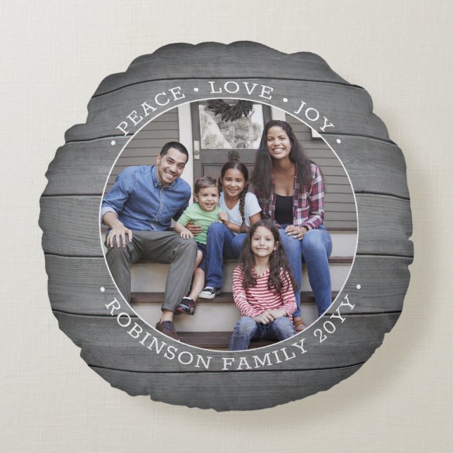 Text 2 Photo Rustic Grått Modern Farmhouse Wood Rund Kudde (Framsidan)