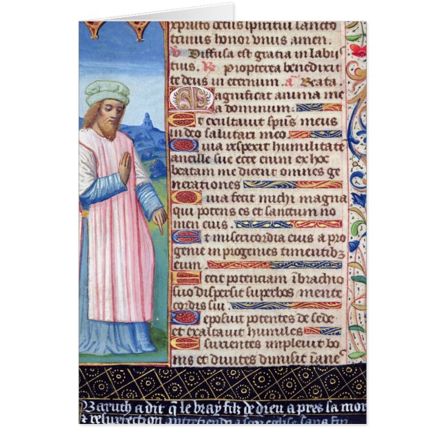 Text av Magnificaten med ett porträtt av Hälsningskort (Framsidan)